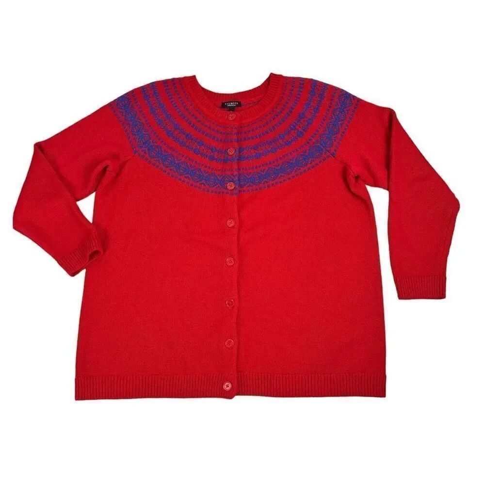 Talbots Fair Isle Lambswool Blend Button-Front Cardigan Sweater size 1X Petite